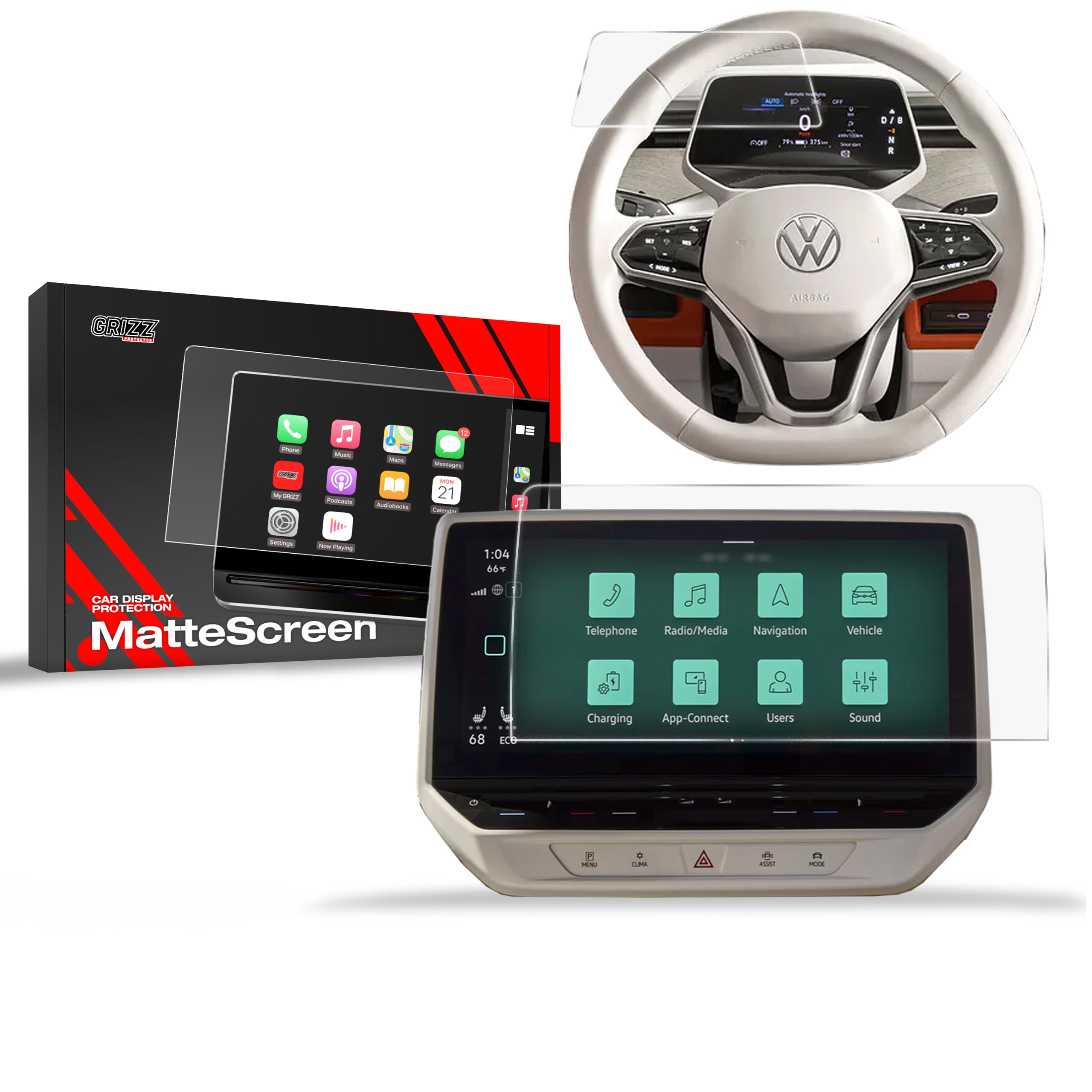 Matte Autodisplayfolie 2in1 für Volkswagen ID. Buzz 12" (2022-2026), Grizz Protector