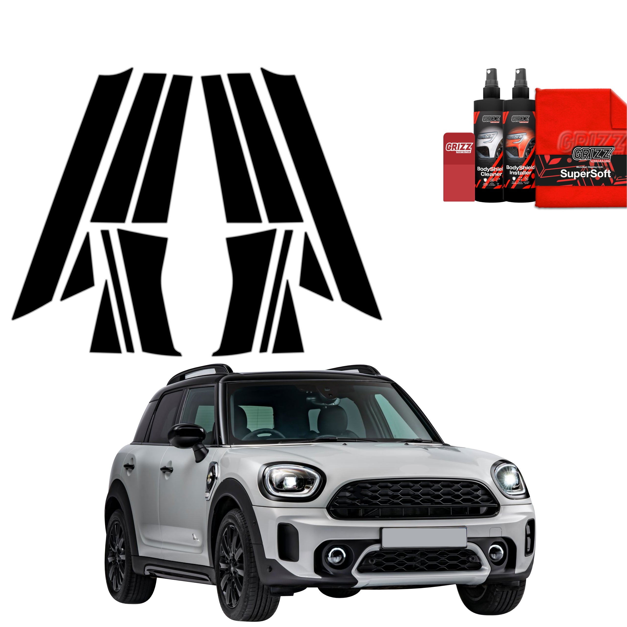 14in1 Schwarze Grizz Protector schutzfolie für A-B-C-Säule - Mini Countryman (2023- 2025)
