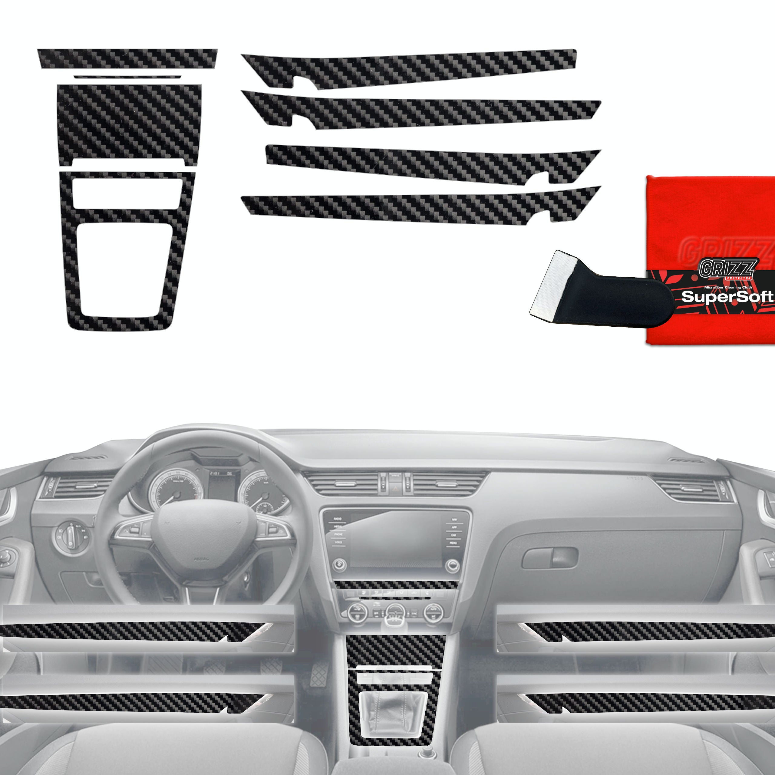 8in1 Schutzfolien Grizz Protector für Mittelkonsole & Armaturenbrett - Skoda Octavia 3 (2017-2020) Carbon Optik Glanz