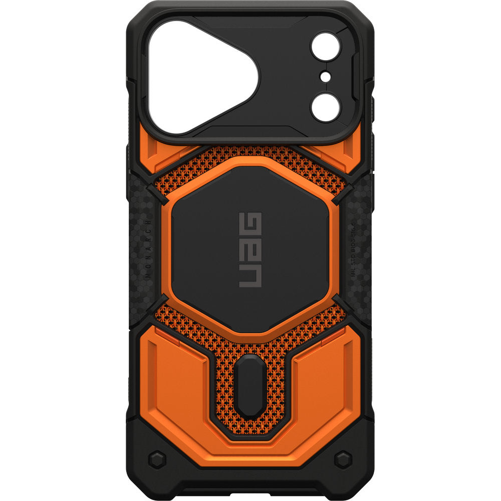 Gepanzerte Handyhülle für iPhone 18 Pro Max / 17 Pro Max, UAG Monarch Pro Kevlar Mag mit MagSafe, Orange und Schwarz mit Kevlar