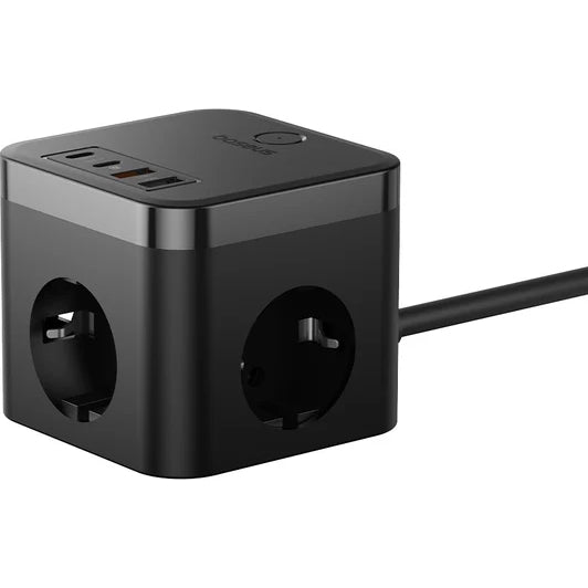Steckdosenleiste / Verlängerungskabel 3x AC EU Schuko, 2x USB-A, 2x USB-C 30W, mit 1,5 m Kabel, Baseus PowerCombo Cube BPS30-3E, Schwarz