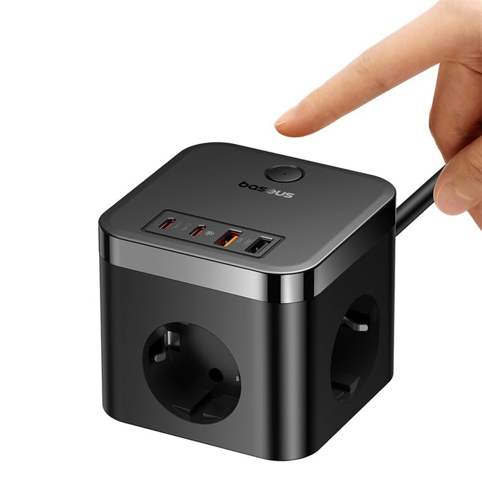 Steckdosenleiste / Verlängerungskabel 3x AC EU Schuko, 2x USB-A, 2x USB-C 30W, mit 1,5 m Kabel, Baseus PowerCombo Cube BPS30-3E, Schwarz
