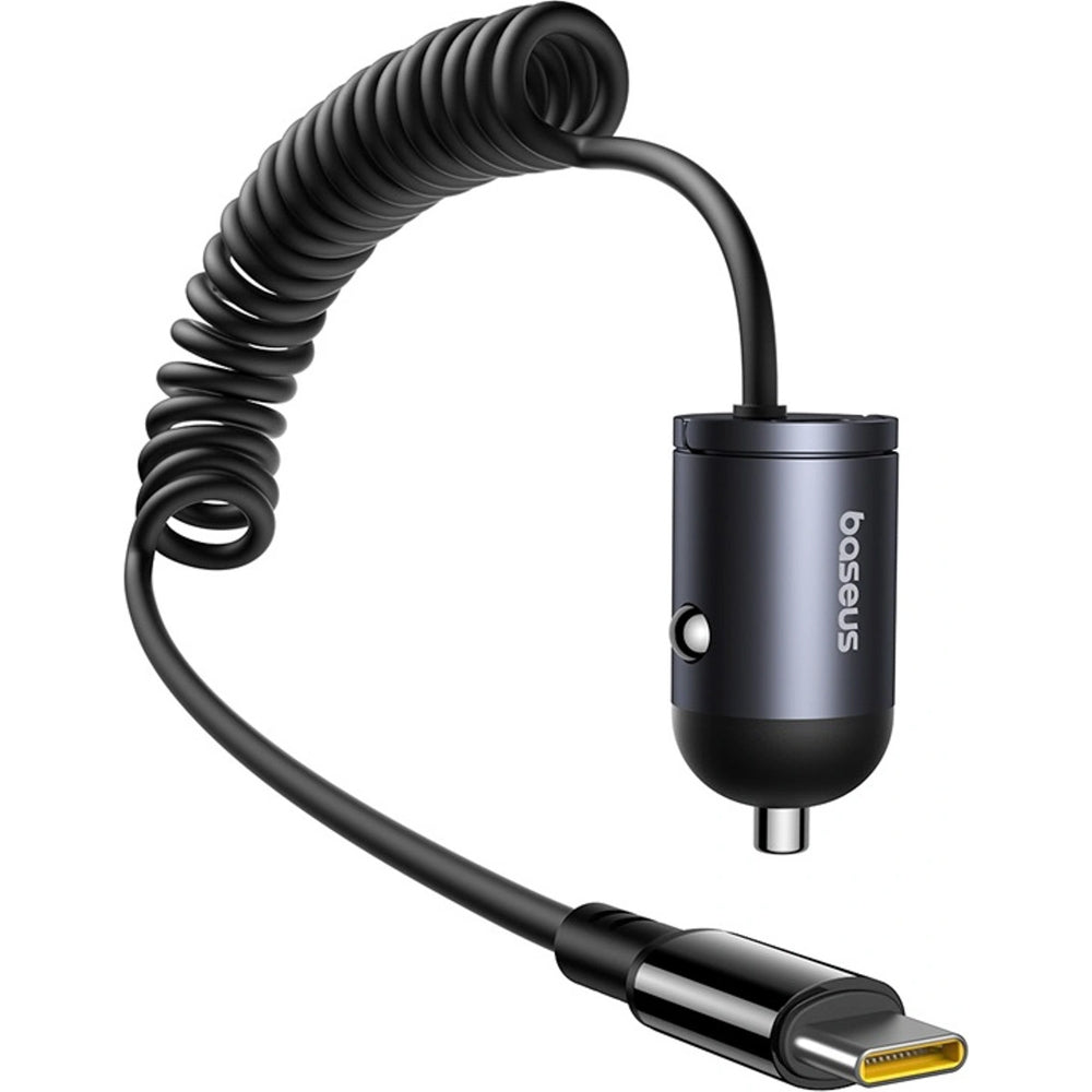 Autoladegerät 30W mit USB-C, Baseus Tiny Star, integriertes spiralförmiges USB-C Kabel, Schwarz