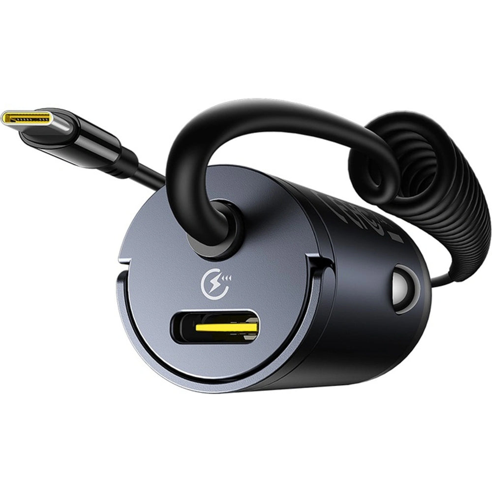 Autoladegerät 30W mit USB-C, Baseus Tiny Star, integriertes spiralförmiges USB-C Kabel, Schwarz