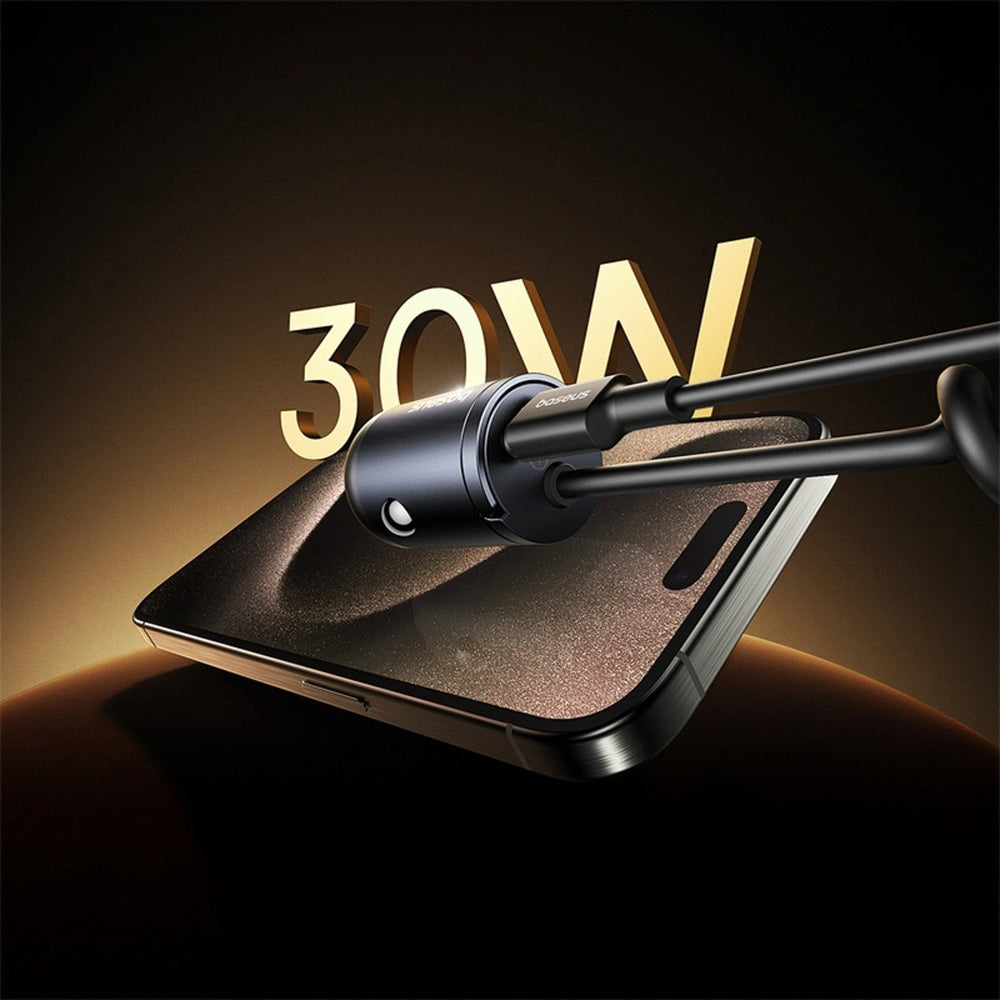 Autoladegerät 30W mit USB-C, Baseus Tiny Star, integriertes spiralförmiges USB-C Kabel, Schwarz