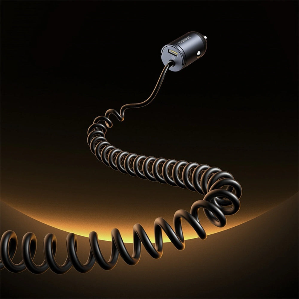 Autoladegerät 30W mit USB-C, Baseus Tiny Star, integriertes spiralförmiges USB-C Kabel, Schwarz