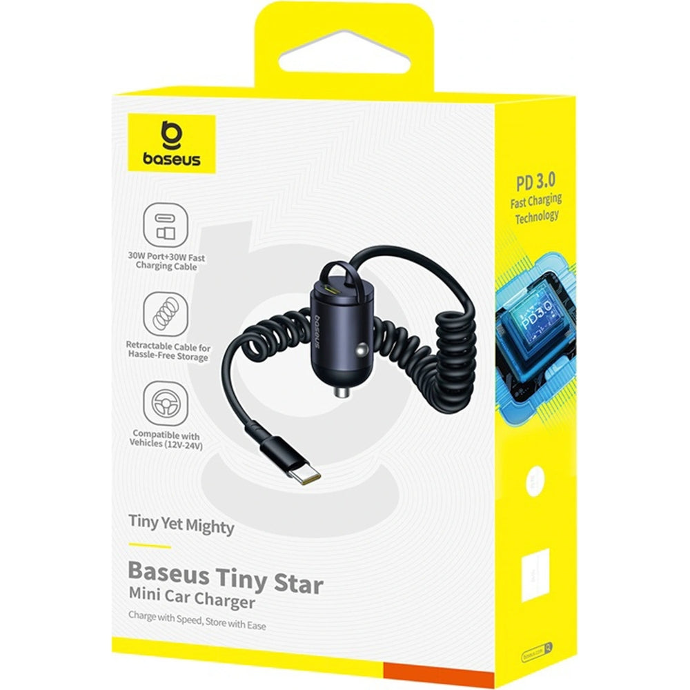 Autoladegerät 30W mit USB-C, Baseus Tiny Star, integriertes spiralförmiges USB-C Kabel, Schwarz