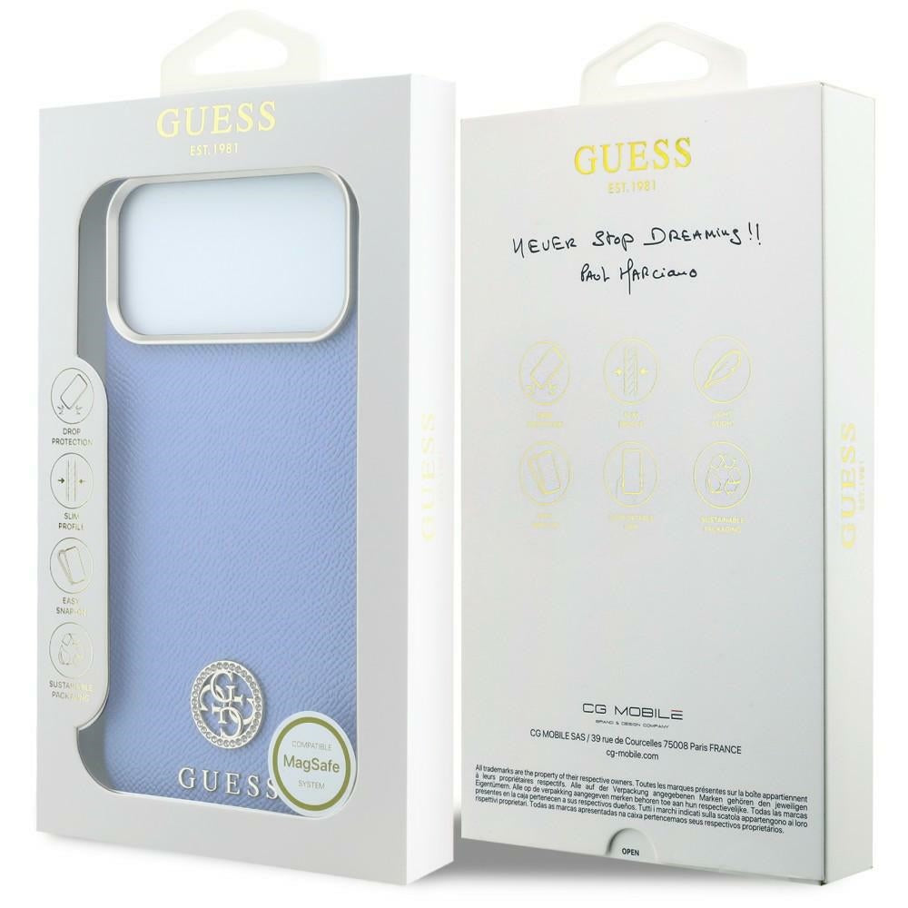 Handyhülle für iPhone 18 Pro / 17 Pro, Guess Grained Round Strass Logo mit MagSafe, Blau