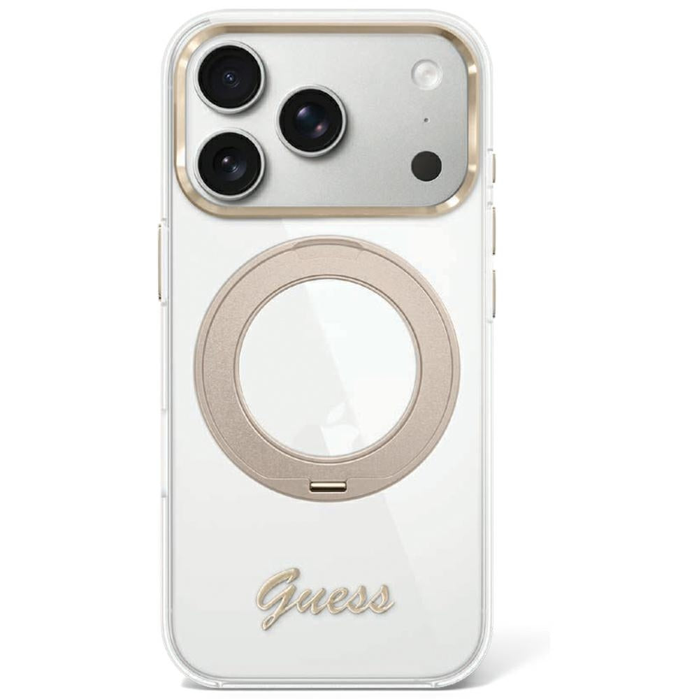 Handyhülle Guess IML Ring Stand 360 Script Metal Logo für iPhone 18 Pro / 17 Pro mit MagSafe, Transparent