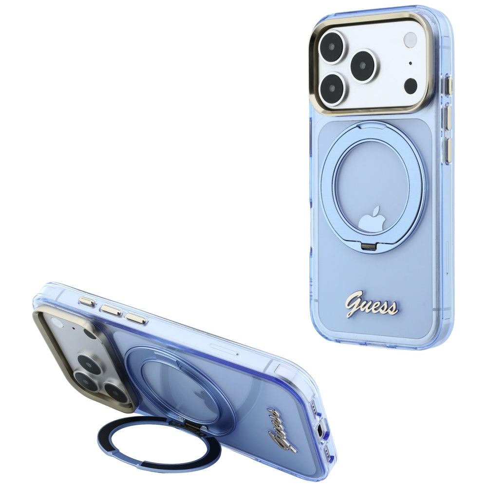 Guess Handyhülle IML Ring Stand 360 Script Metal Logo für iPhone 18 Pro / 17 Pro, Blau (1/8)