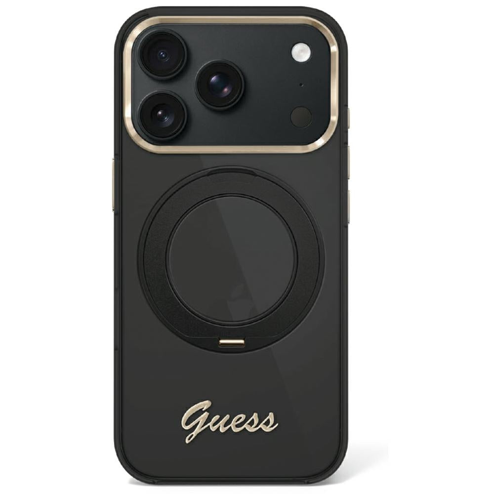 Handyhülle Guess IML Ring Stand 360 Script Metal Logo für iPhone 18 Pro Max / 17 Pro Max mit MagSafe, Schwarz