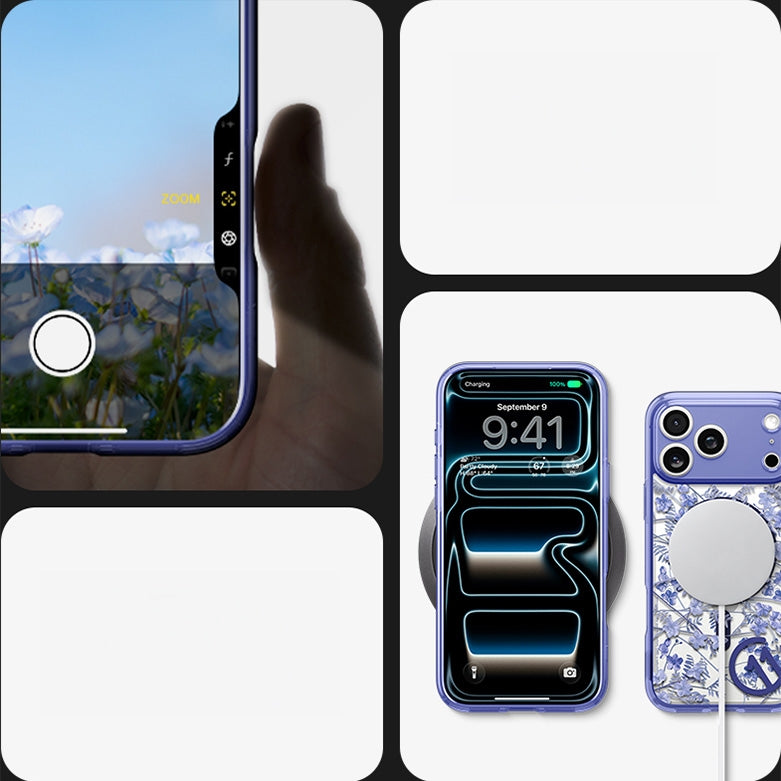 Handyhülle für iPhone 17 Pro, Spigen Ultra Hybrid T Mag (CC) mit MagSafe, Transparent-Gemustert (C11 Cobalt Spring)
