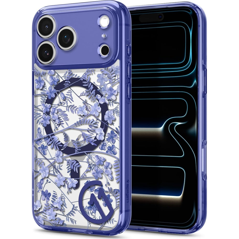 Handyhülle für iPhone 17 Pro, Spigen Ultra Hybrid T Mag (CC) mit MagSafe, Transparent-Gemustert (C11 Cobalt Spring)
