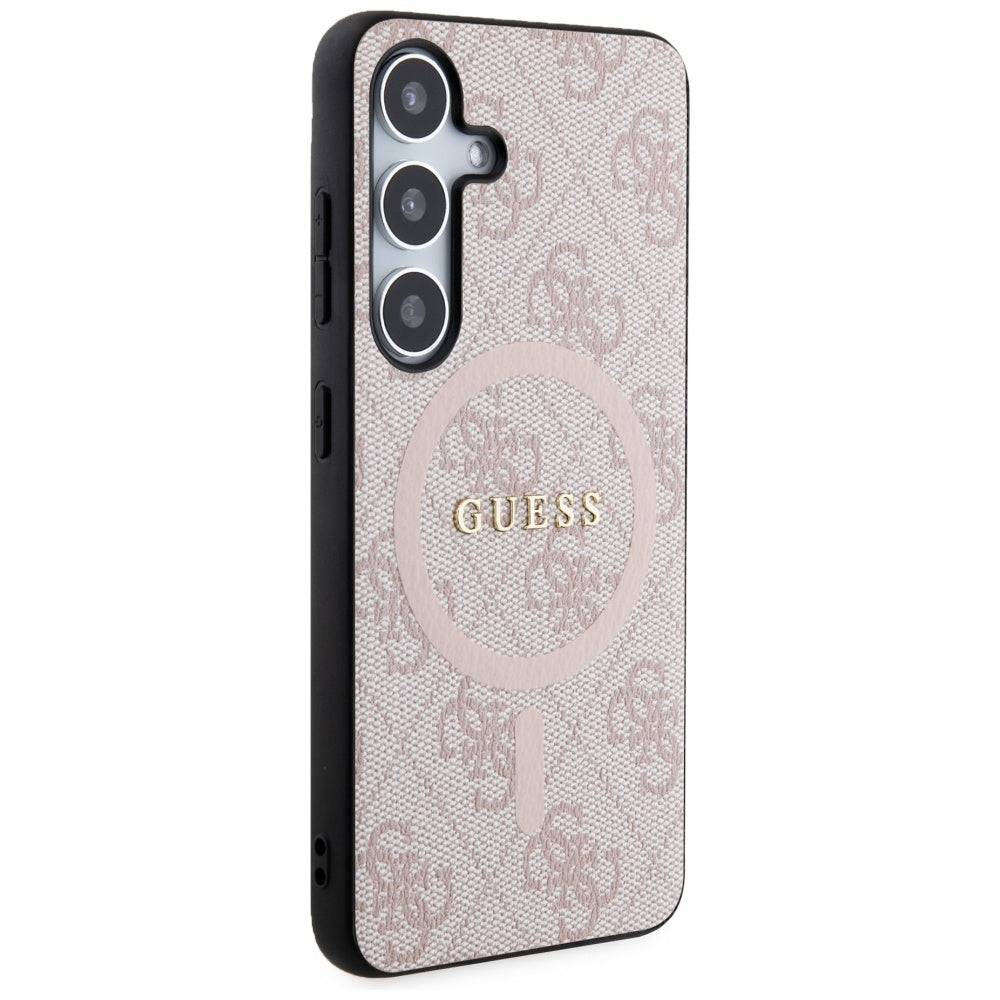 Handyhülle für Galaxy S24, Guess Hardcase 4G Leather Metal Logo MagSafe, Rosa
