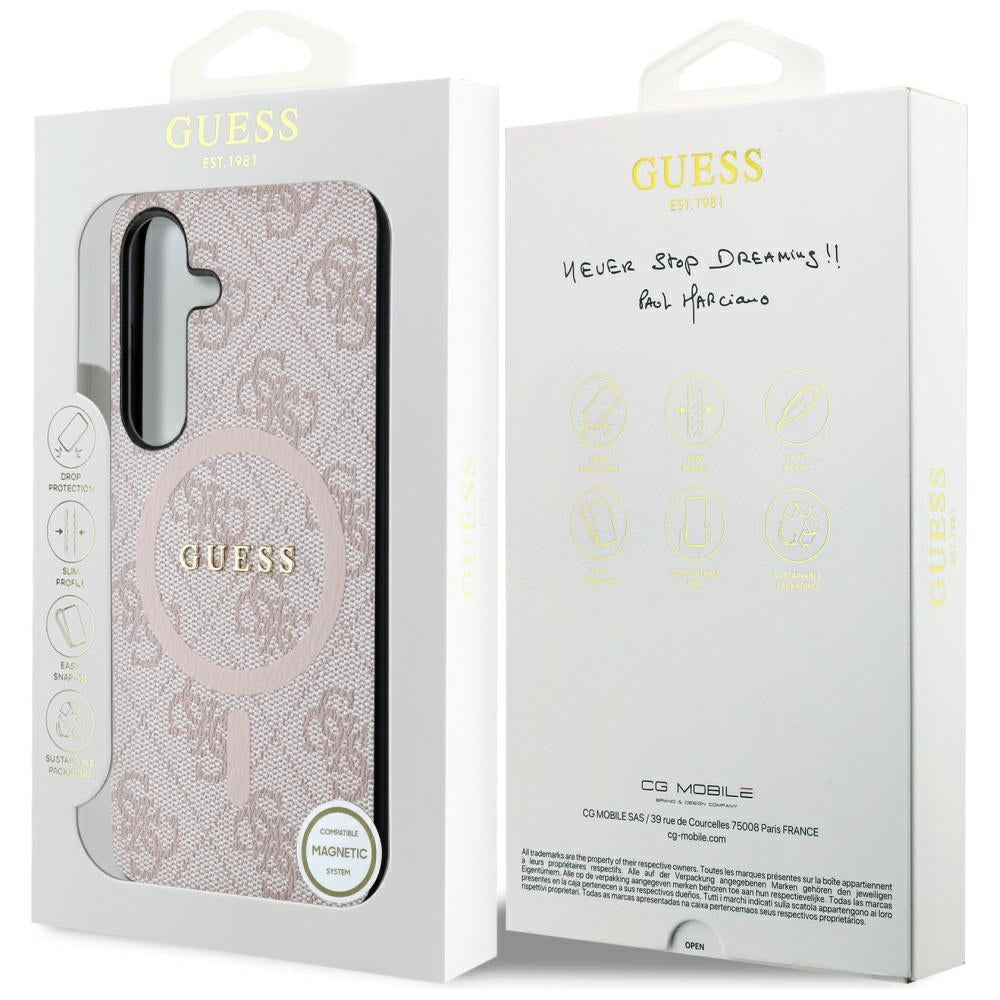 Handyhülle für Galaxy S24, Guess Hardcase 4G Leather Metal Logo MagSafe, Rosa