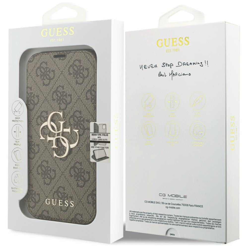 Handyhülle für iPhone 18 Pro / 17 Pro Guess Book 4G Metal Logo, Braun
