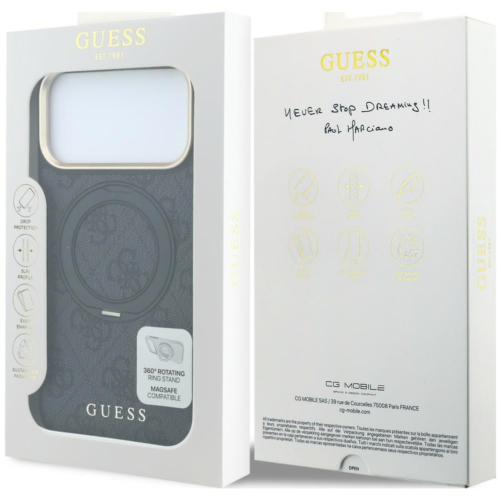 Handyhülle für iPhone 18 Pro / 17 Pro, Guess Ring Stand 360 4G Classic Logo mit MagSafe, Schwarz