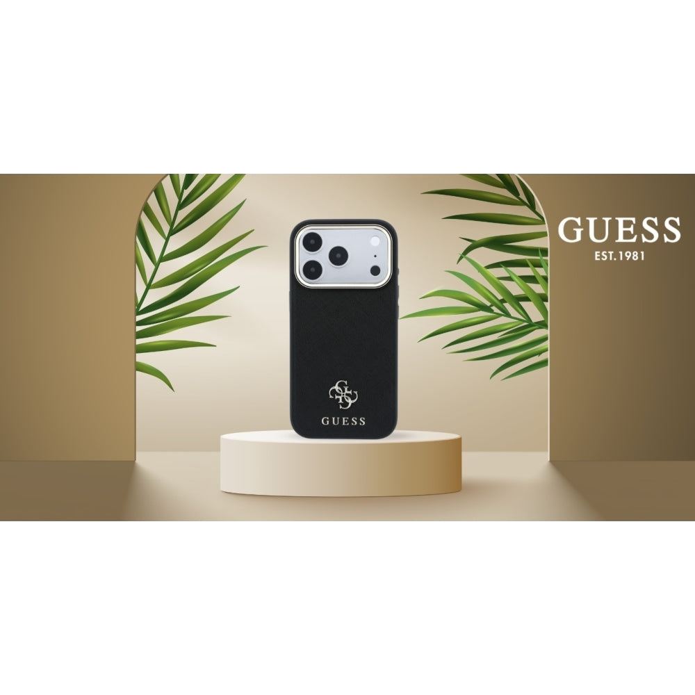 Handyhülle Guess Saffiano Small 4G Classic Logo für iPhone 18 Pro Max / 17 Pro Max mit MagSafe, Schwarz