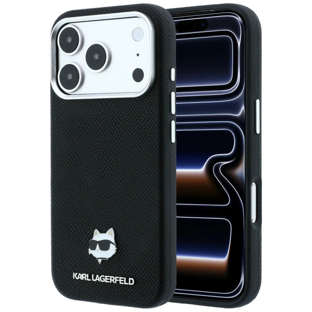 Handyhülle für iPhone 18 Pro / 17 Pro, Karl Lagerfeld Grained Choupette Head Metal mit MagSafe, Schwarz