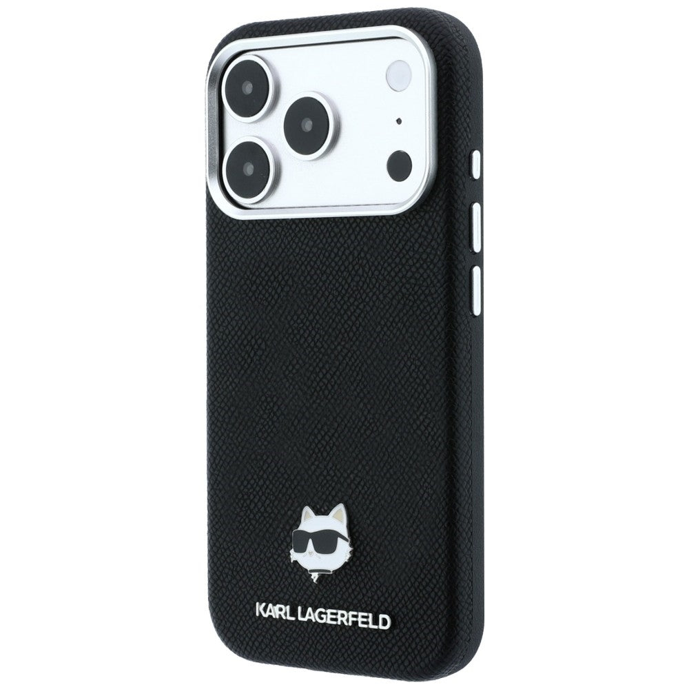 Handyhülle für iPhone 18 Pro / 17 Pro, Karl Lagerfeld Grained Choupette Head Metal mit MagSafe, Schwarz