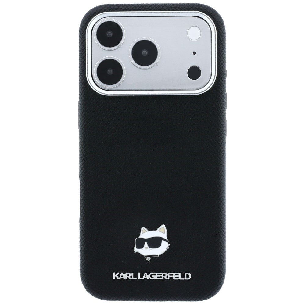 Handyhülle für iPhone 18 Pro / 17 Pro, Karl Lagerfeld Grained Choupette Head Metal mit MagSafe, Schwarz