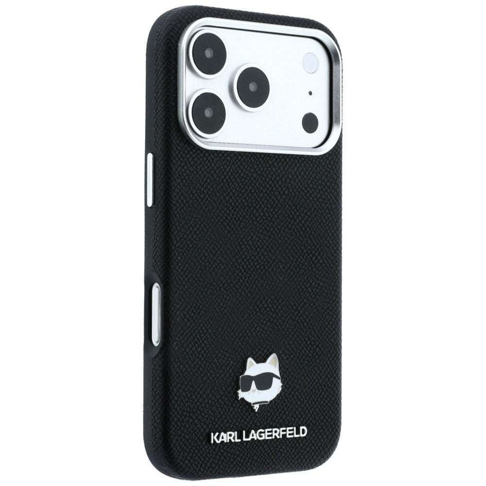 Handyhülle für iPhone 18 Pro / 17 Pro, Karl Lagerfeld Grained Choupette Head Metal mit MagSafe, Schwarz