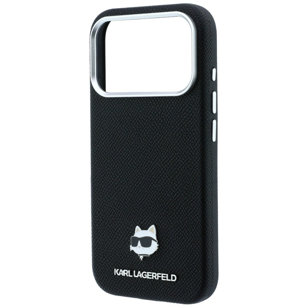 Handyhülle für iPhone 18 Pro / 17 Pro, Karl Lagerfeld Grained Choupette Head Metal mit MagSafe, Schwarz