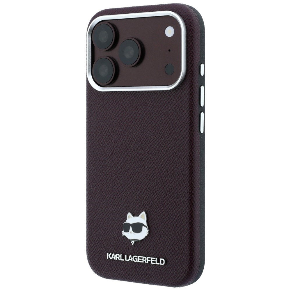 Handyhülle für iPhone 18 Pro / 17 Pro, Karl Lagerfeld Grained Choupette Head Metal mit MagSafe, Burgunderrot