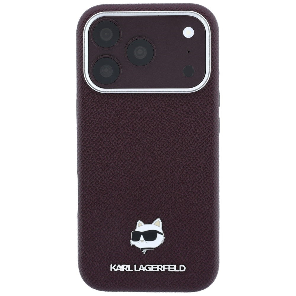 Handyhülle für iPhone 18 Pro / 17 Pro, Karl Lagerfeld Grained Choupette Head Metal mit MagSafe, Burgunderrot