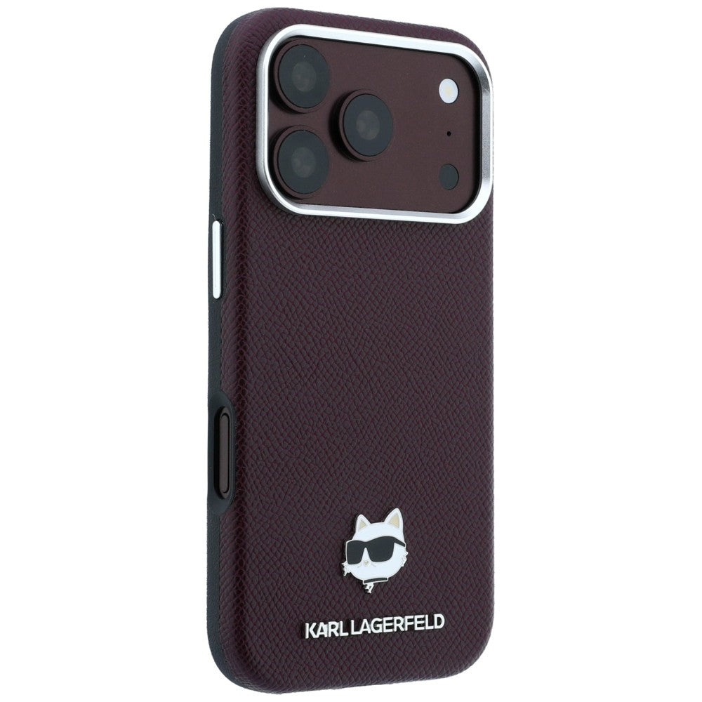 Handyhülle für iPhone 18 Pro / 17 Pro, Karl Lagerfeld Grained Choupette Head Metal mit MagSafe, Burgunderrot