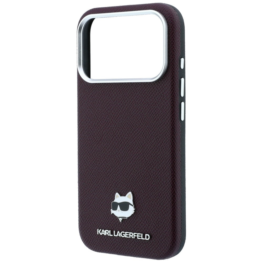 Handyhülle für iPhone 18 Pro / 17 Pro, Karl Lagerfeld Grained Choupette Head Metal mit MagSafe, Burgunderrot