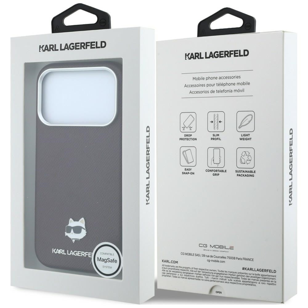Handyhülle für iPhone 18 Pro / 17 Pro, Karl Lagerfeld Grained Choupette Head Metal mit MagSafe, Burgunderrot