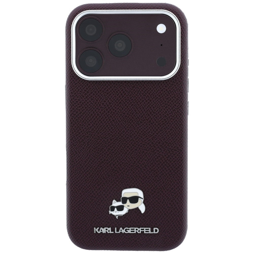 Handyhülle für iPhone 18 Pro / 17 Pro, Karl Lagerfeld Grained Choupette Head Metal mit MagSafe, Burgunderrot