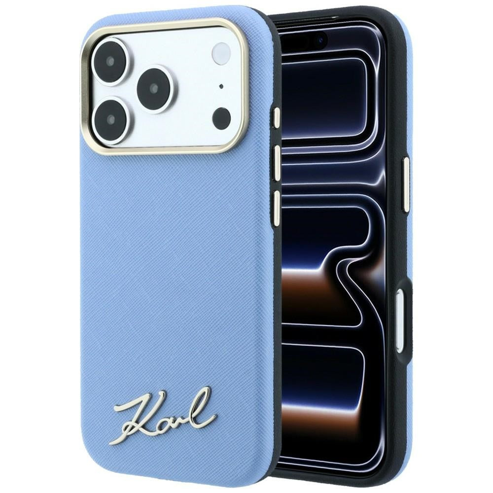 Handyhülle für iPhone 18 Pro / 17 Pro, Karl Lagerfeld Saffiano Small Script Metal Logo mit MagSafe, Blau