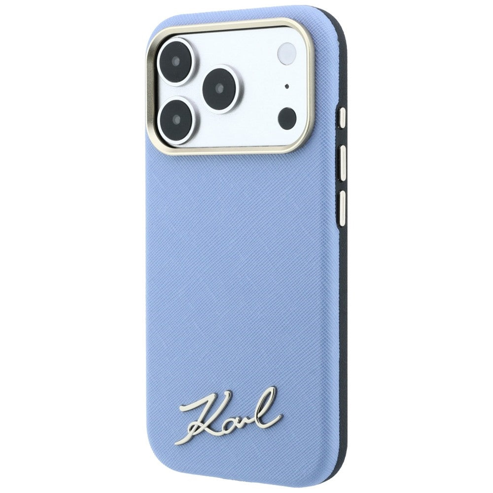 Handyhülle für iPhone 18 Pro / 17 Pro, Karl Lagerfeld Saffiano Small Script Metal Logo mit MagSafe, Blau
