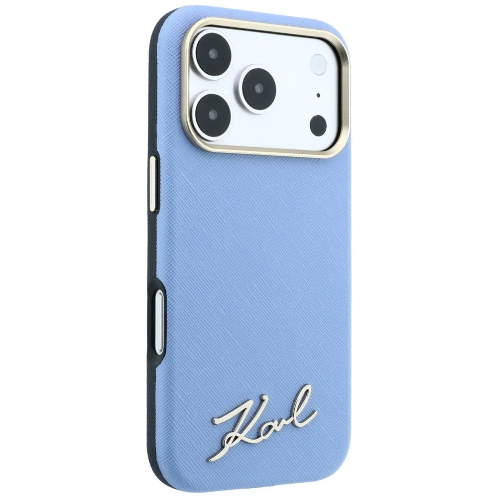 Handyhülle für iPhone 18 Pro / 17 Pro, Karl Lagerfeld Saffiano Small Script Metal Logo mit MagSafe, Blau