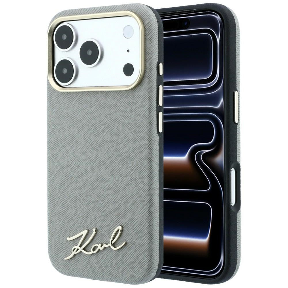 Handyhülle für iPhone 18 Pro Max / 17 Pro Max, Karl Lagerfeld Saffiano Small Script Metal Logo mit MagSafe, Beige