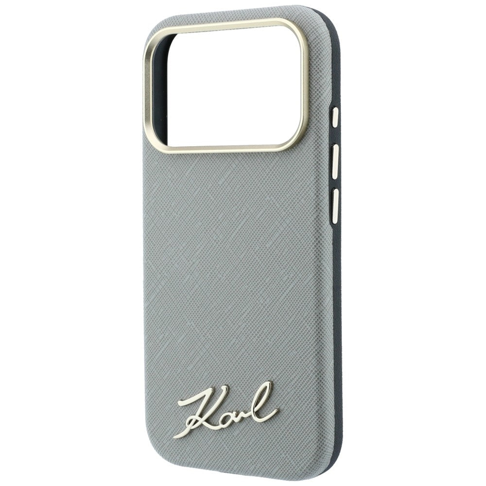 Handyhülle für iPhone 18 Pro Max / 17 Pro Max, Karl Lagerfeld Saffiano Small Script Metal Logo mit MagSafe, Beige