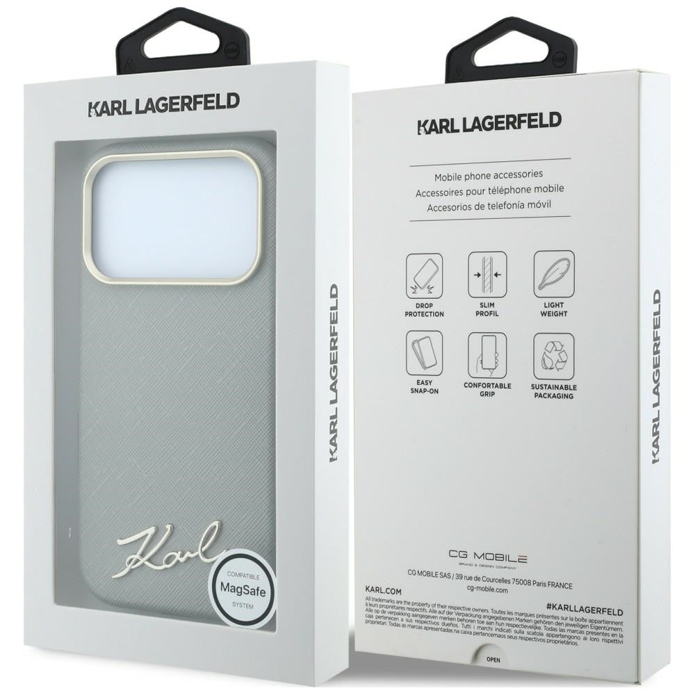 Handyhülle für iPhone 18 Pro Max / 17 Pro Max, Karl Lagerfeld Saffiano Small Script Metal Logo mit MagSafe, Beige
