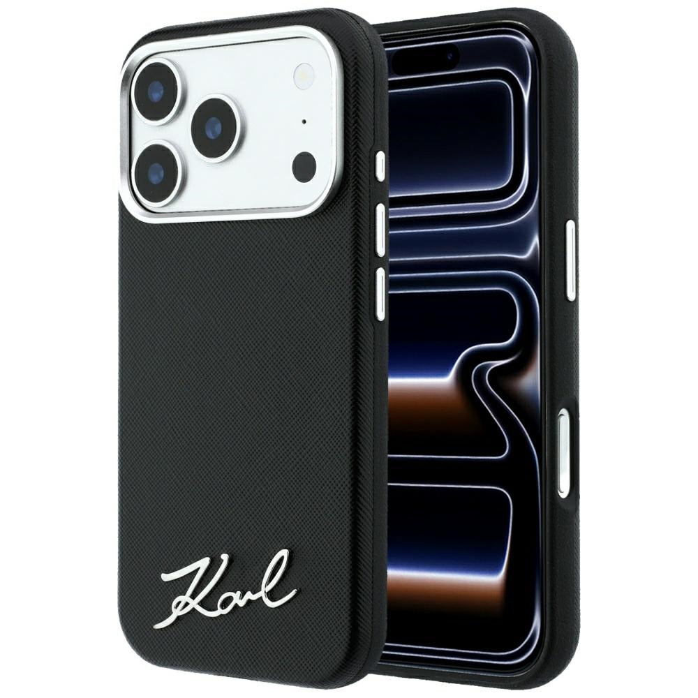 Handyhülle für iPhone 18 Pro Max / 17 Pro Max, Karl Lagerfeld Saffiano Small Script Metal Logo mit MagSafe, Schwarz