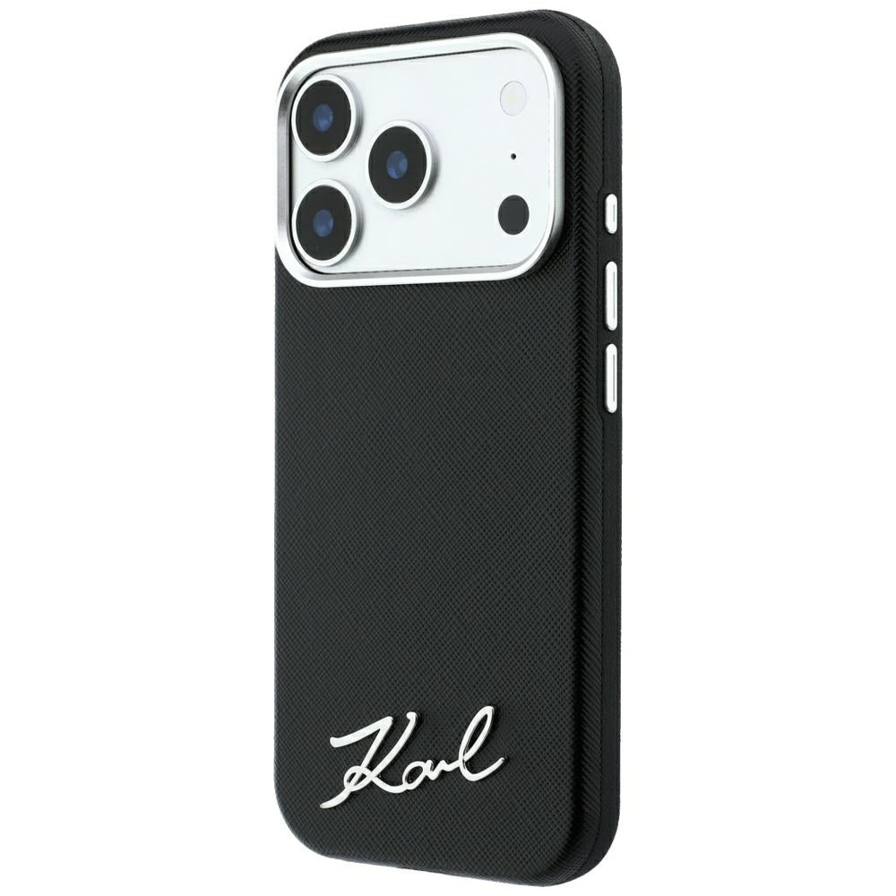 Handyhülle für iPhone 18 Pro Max / 17 Pro Max, Karl Lagerfeld Saffiano Small Script Metal Logo mit MagSafe, Schwarz