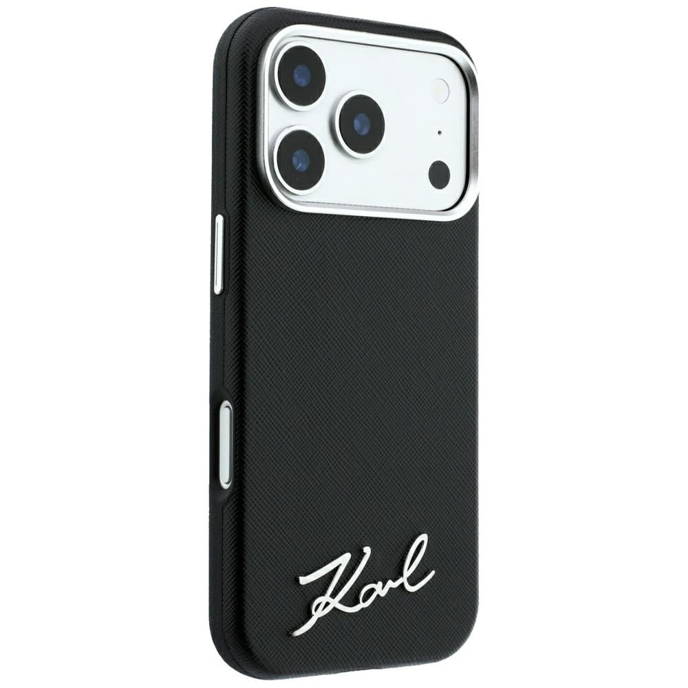 Handyhülle für iPhone 18 Pro Max / 17 Pro Max, Karl Lagerfeld Saffiano Small Script Metal Logo mit MagSafe, Schwarz