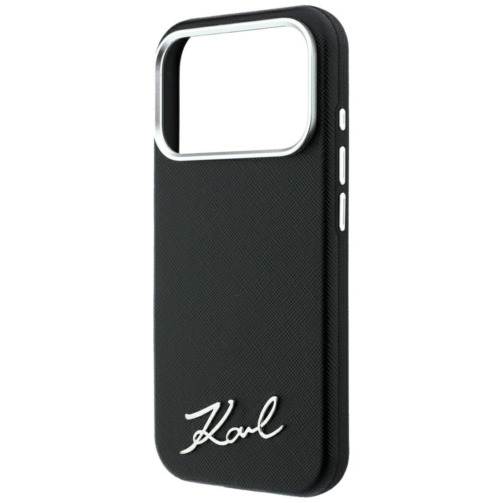 Handyhülle für iPhone 18 Pro Max / 17 Pro Max, Karl Lagerfeld Saffiano Small Script Metal Logo mit MagSafe, Schwarz