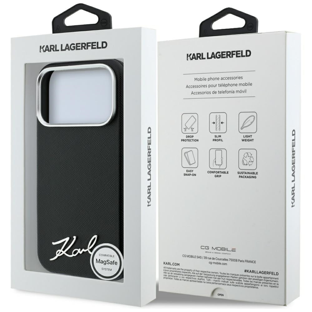 Handyhülle für iPhone 18 Pro Max / 17 Pro Max, Karl Lagerfeld Saffiano Small Script Metal Logo mit MagSafe, Schwarz