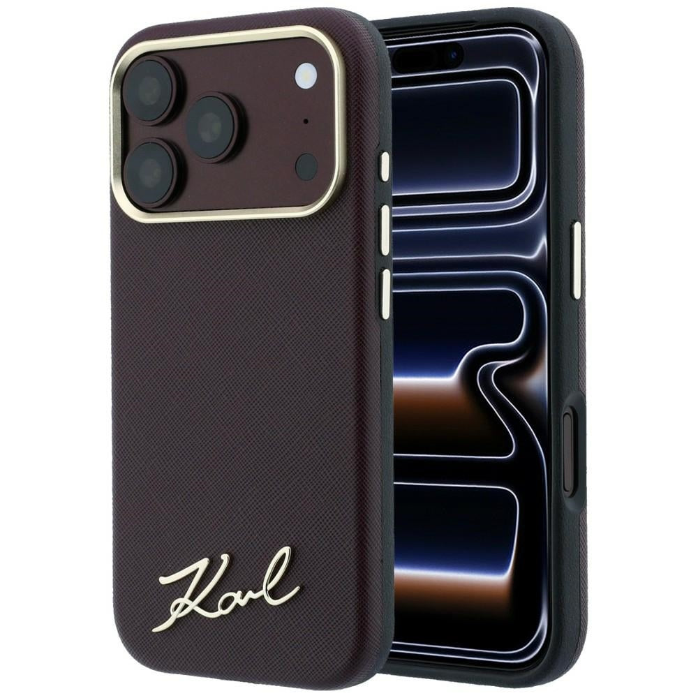 Handyhülle für iPhone 18 Pro Max / 17 Pro Max, Karl Lagerfeld Saffiano Small Script Metal Logo mit MagSafe, Burgunderrot