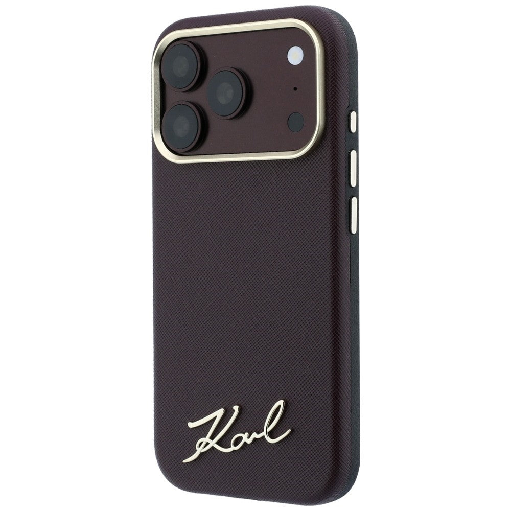 Handyhülle für iPhone 18 Pro Max / 17 Pro Max, Karl Lagerfeld Saffiano Small Script Metal Logo mit MagSafe, Burgunderrot