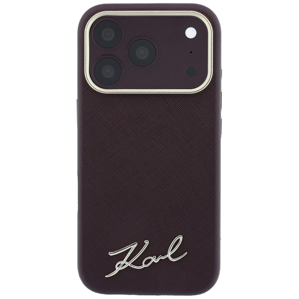 Handyhülle für iPhone 18 Pro Max / 17 Pro Max, Karl Lagerfeld Saffiano Small Script Metal Logo mit MagSafe, Burgunderrot