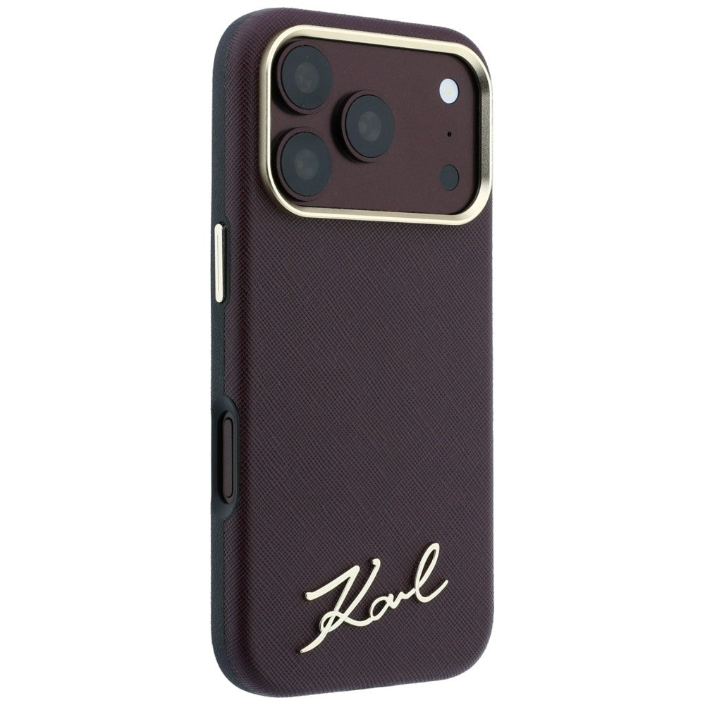 Handyhülle für iPhone 18 Pro Max / 17 Pro Max, Karl Lagerfeld Saffiano Small Script Metal Logo mit MagSafe, Burgunderrot