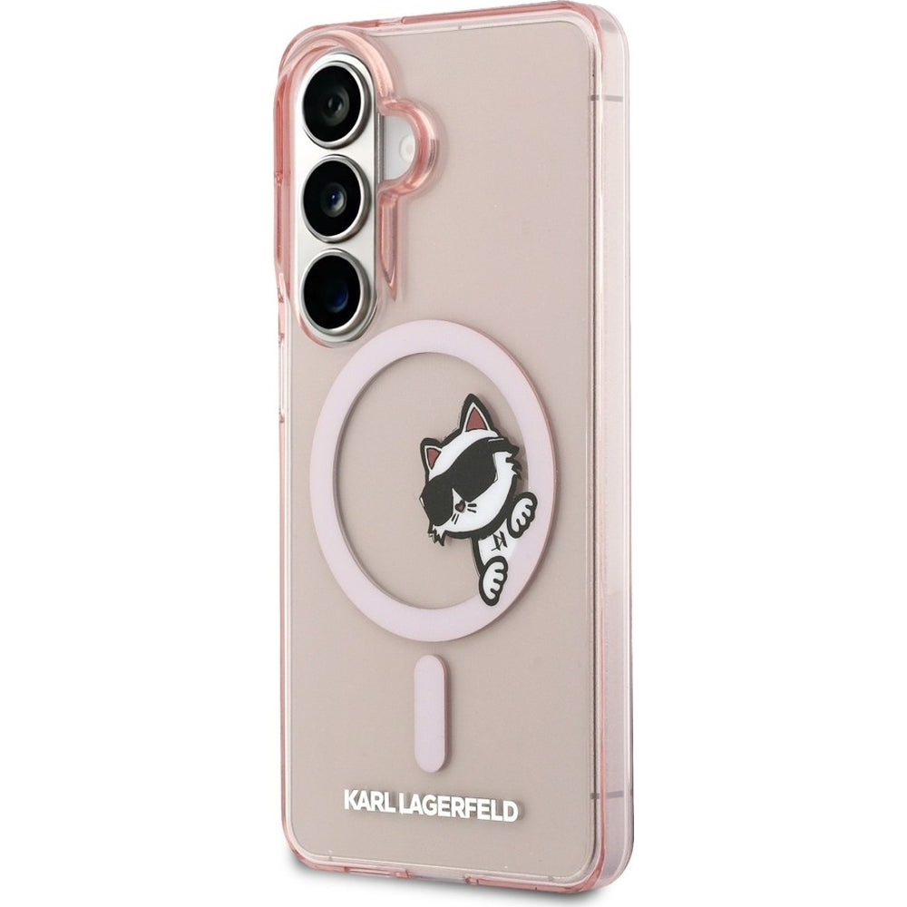 Handyhülle für Galaxy S26,  Karl Lagerfeld IML Print MagSafe, Transparent pink mit Choupette