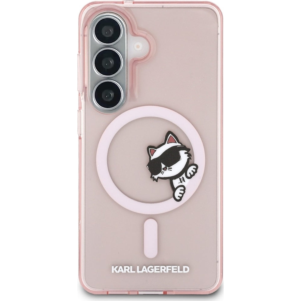 Handyhülle für Galaxy S26,  Karl Lagerfeld IML Print MagSafe, Transparent pink mit Choupette